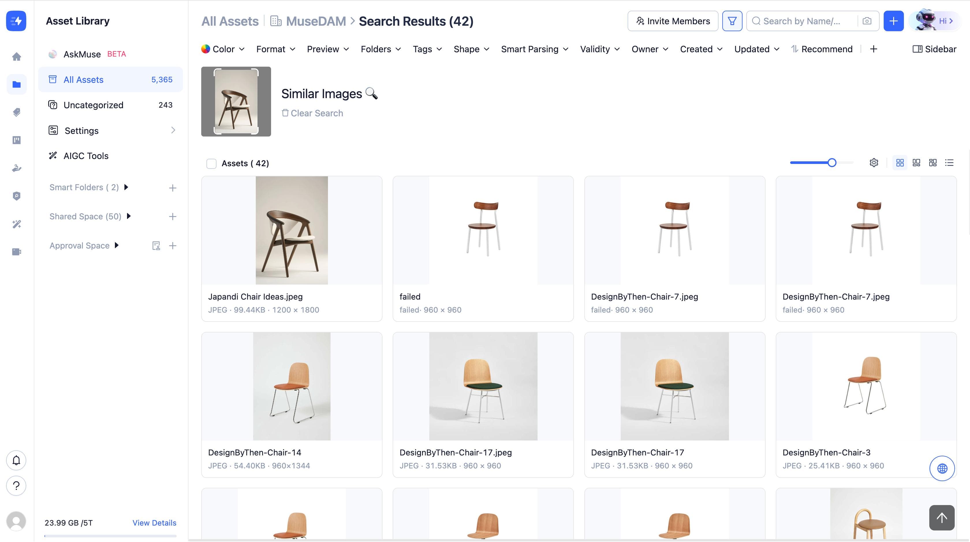 MuseDAM's visual similarity search lets you find style-matched assets with one click or by uploading a local reference image — no text input needed. Powered by whole-image visual matching with optional region selection for precise element-level results.