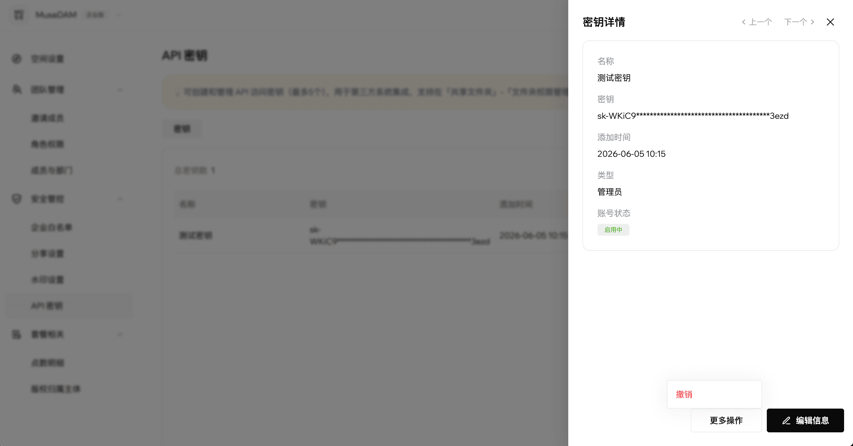 After creation, open key details to check its type and status. The key is masked in this screenshot.